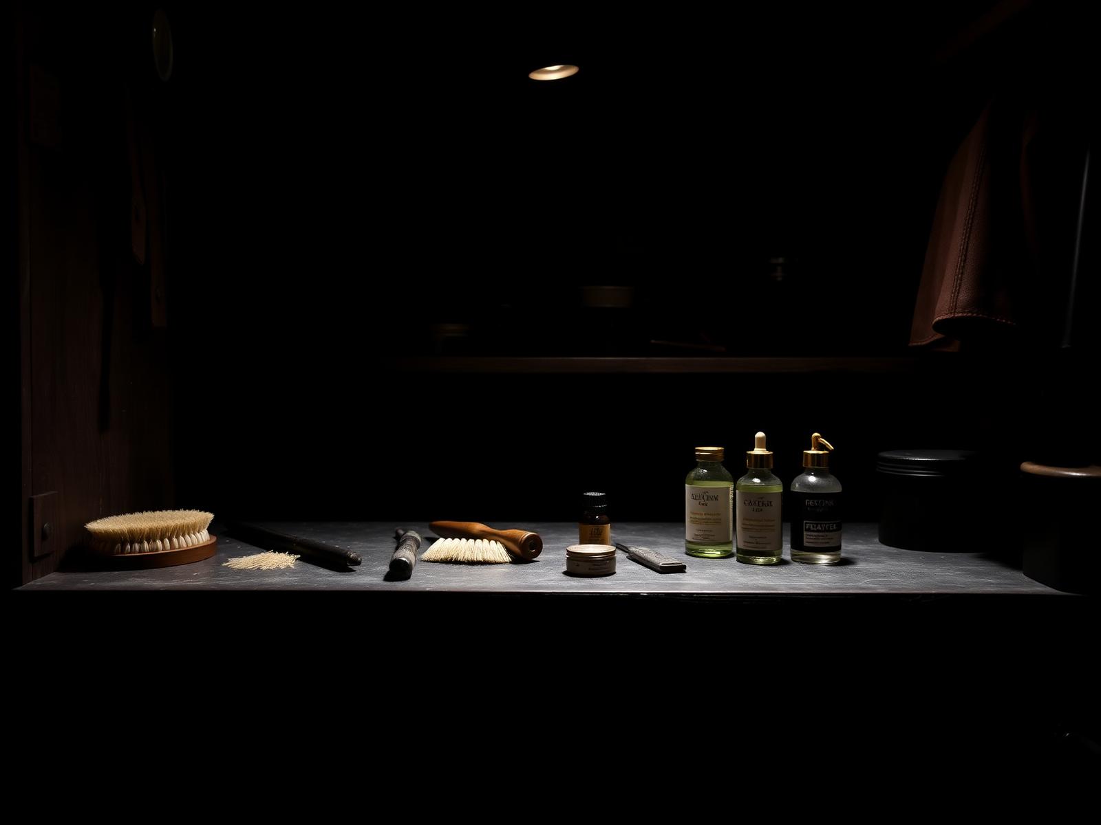Restoration tools laid out on a dark workbench in the SoleSociety atelier